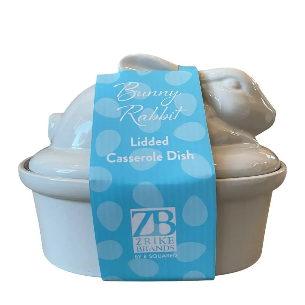 Zrike Brands Easter Bunny Rabbit Lidded Casserole Dish White Ceramic NEW